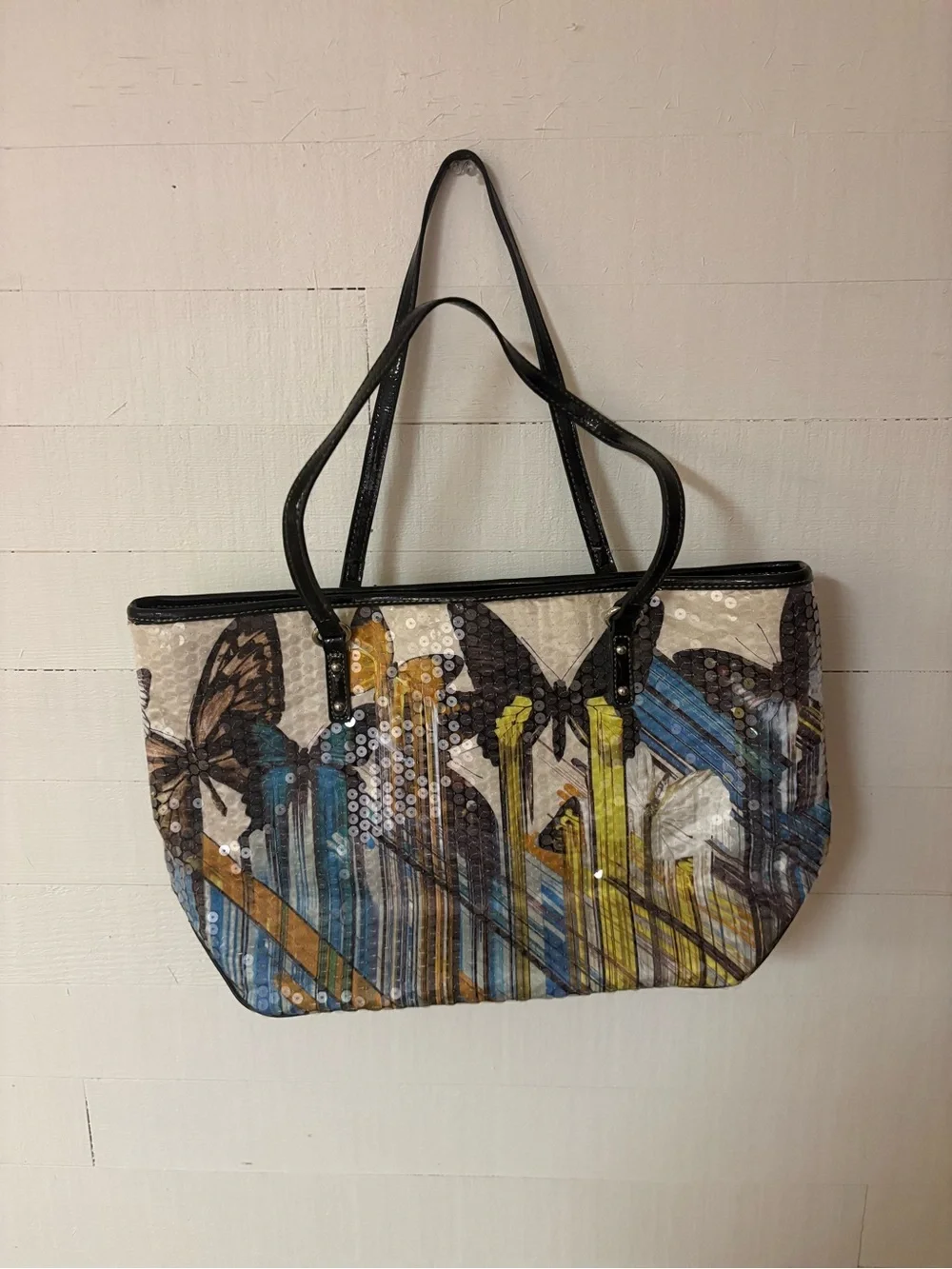 Nine West Butterfly Sequin Graphic Tote Bag Black Patent Shopper